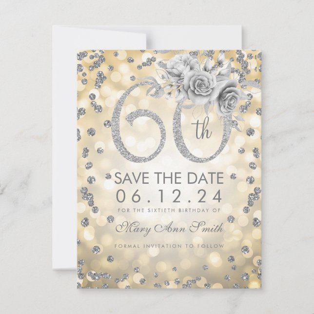 Silver 60th Birthday Gold Lights  Save The Date (Front)