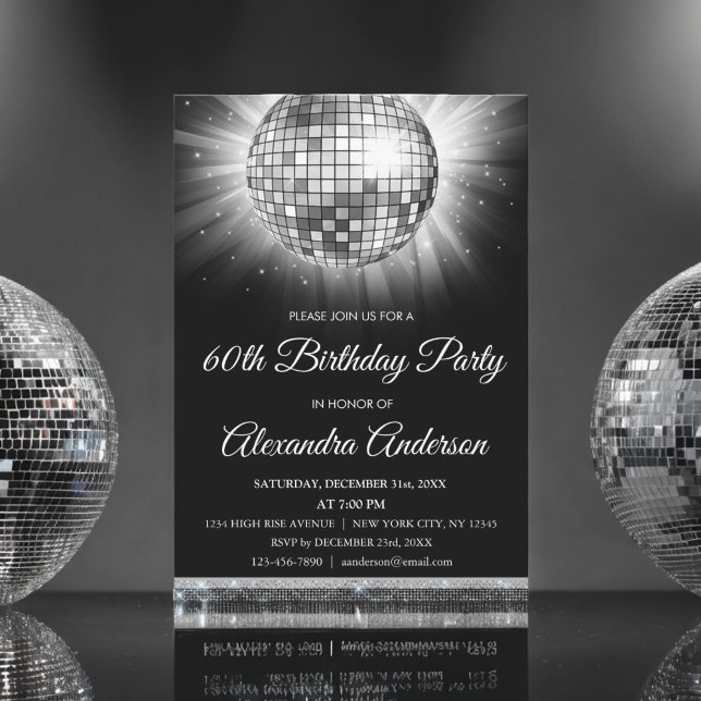 Silver 60th Birthday Party 70's Disco Ball Invitation (Creator Uploaded)