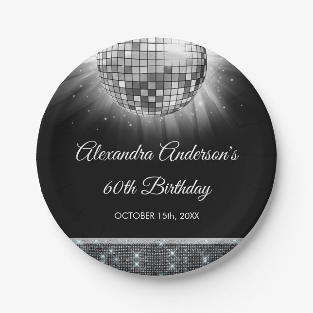 Silver 60th Birthday Party 70's Disco Ball Paper Plate (Front)