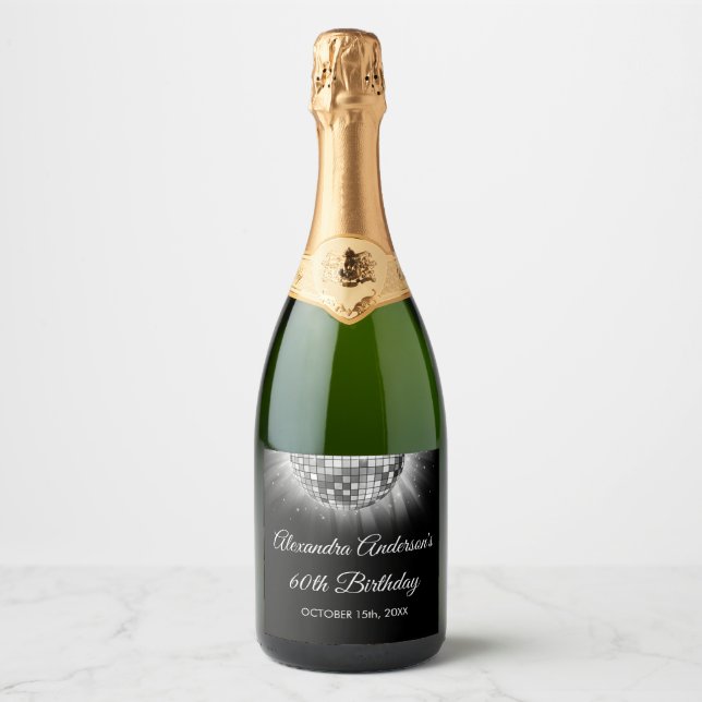 Silver 60th Birthday Party 70's Disco Ball Sparkling Wine Label (Front)