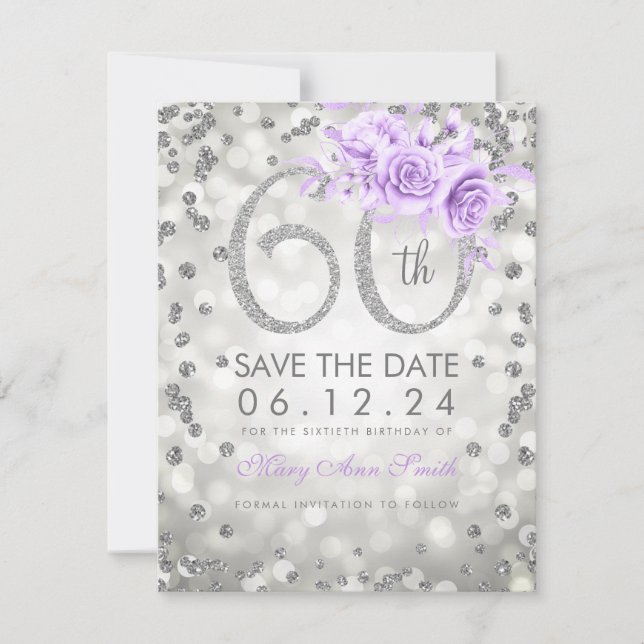 Silver 60th Birthday Purple Lights Save The Date (Front)