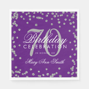 Silver 70th Birthday Glitter Confetti Purple Napkin