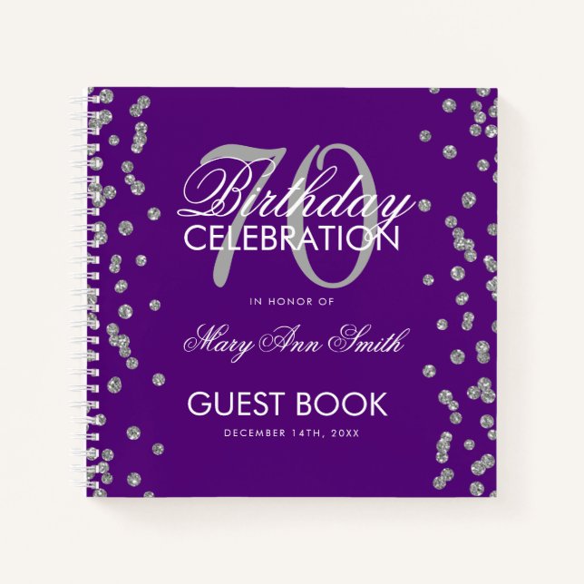 Silver 70th Birthday Guestbook Confetti Purple Notebook (Front)