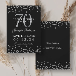 Silver 70th Birthday Save Date Confetti Black  Invitation