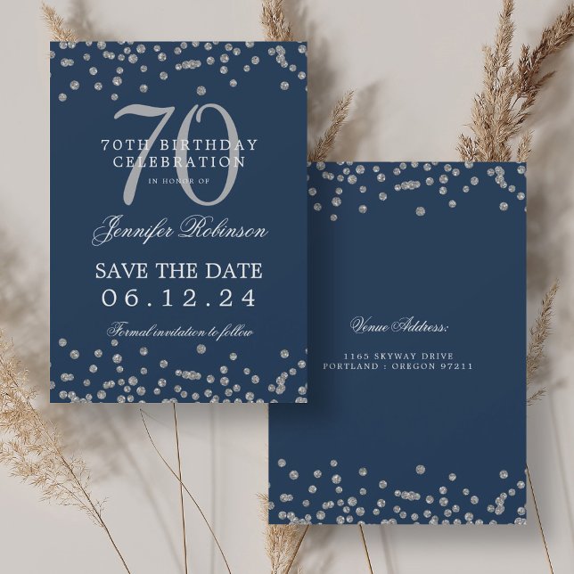Silver 70th Birthday Save Date Confetti Navy  Invitation (Silver 70th Birthday Save Date Confetti Navy Invitation)