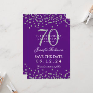 Silver 70th Birthday Save Date Confetti Purple  Invitation