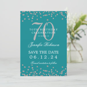 Silver 70th Birthday Save Date Confetti Teal  Invitation