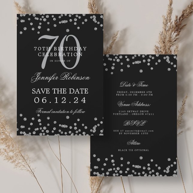 Silver 70th Birthday Save Date Details Black Invitation (Silver 70th Birthday Save Date Details Black Invitation)