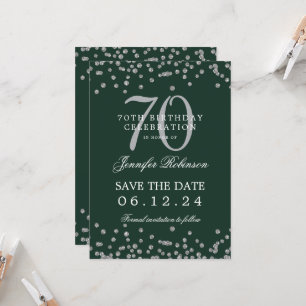 Silver 70th Birthday Save Date Details Green Invitation