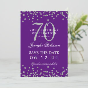 Silver 70th Birthday Save Date Details Purple  Invitation