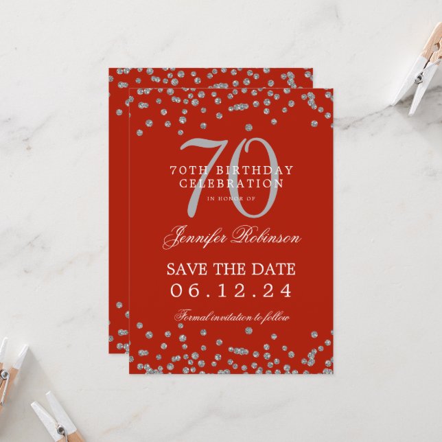 Silver 70th Birthday Save Date Details Red  Invitation (Front/Back In Situ)