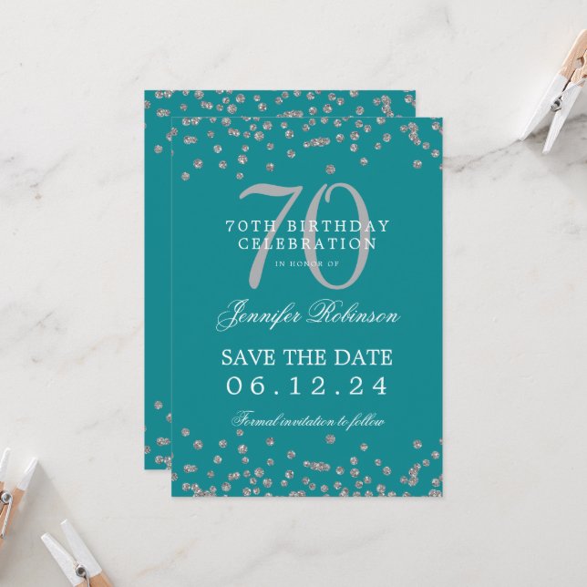 Silver 70th Birthday Save Date Details Teal  Invitation (Front/Back In Situ)
