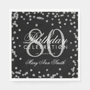 Silver 80th Birthday Glitter Confetti Black Napkin