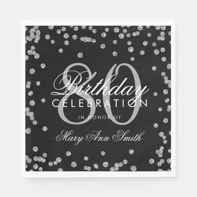 Silver 80th Birthday Glitter Confetti Black Napkin (Front)