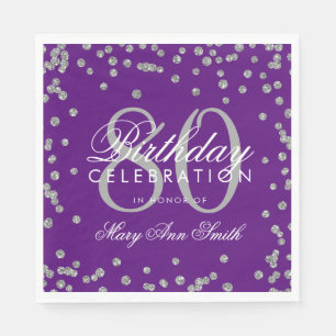 Silver 80th Birthday Glitter Confetti Purple Napkin
