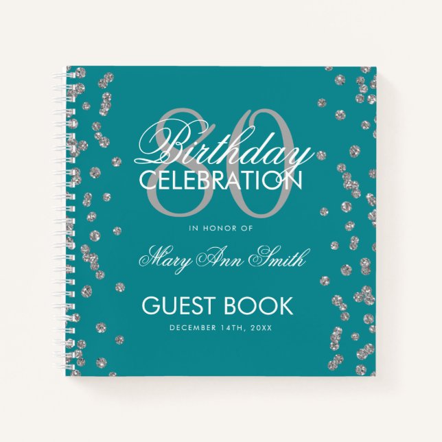 Silver 80th Birthday Guestbook Confetti Teal Notebook (Front)