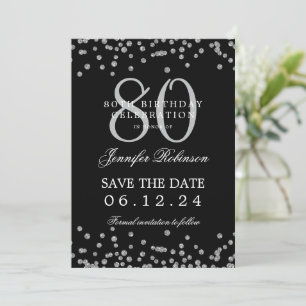 Silver 80th Birthday Save Date Details Black  Invitation