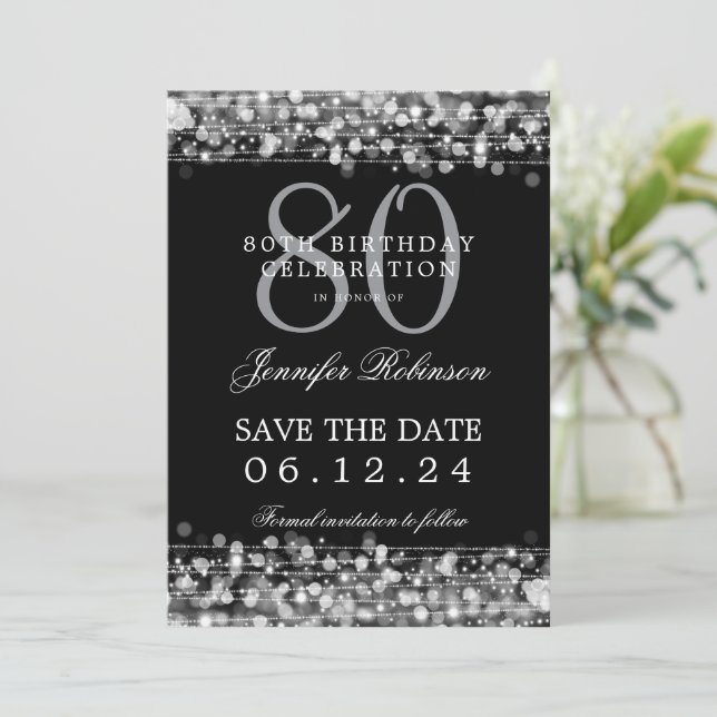 Silver 80th Birthday Save the Date  Invitation (Standing Front)