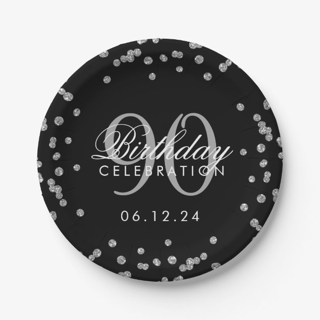 Silver 90th Birthday Glitter Confetti Black Paper Plate (Front)