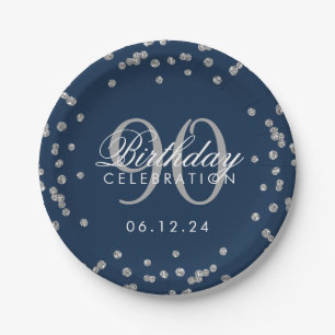 Silver 90th Birthday Glitter Confetti Navy Blue Paper Plate