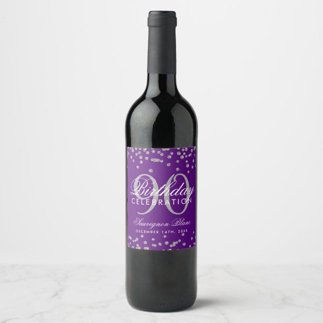 Silver 90th Birthday Glitter Confetti Purple Wine Label (Front)