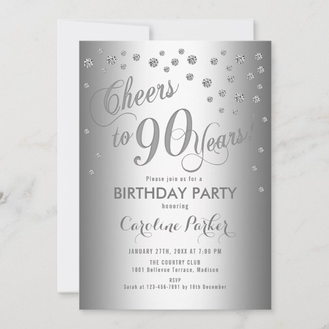 Silver 90th Birthday Party Invitation (Front)