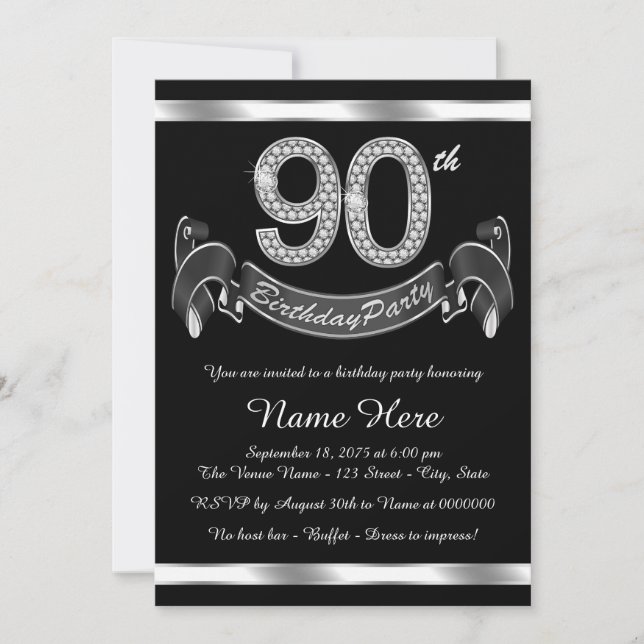 Silver 90th Birthday Party Invitation (Front)