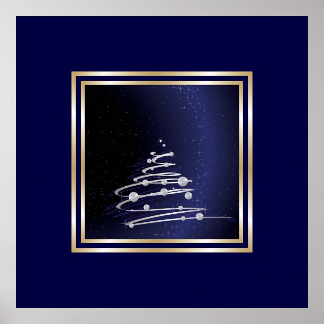 Silver Abstract Christmas Tree On Blue Poster (Front)