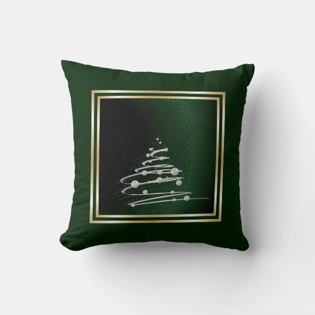 Silver Abstract Christmas Tree On Green Throw Pillow (Front)