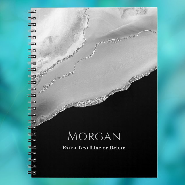 Silver Agate & Glitter, Name & Text Line on Black Notebook (Creator Uploaded)
