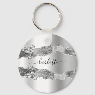 Silver agate marble name script elegant keychain