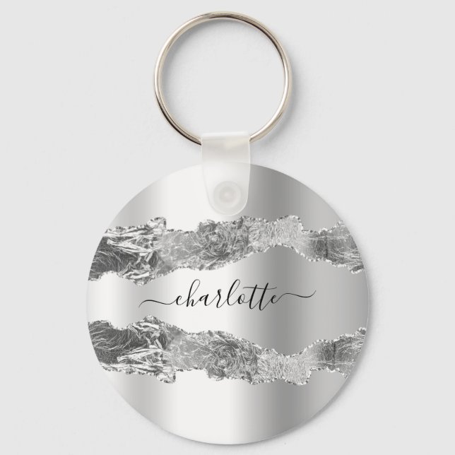 Silver agate marble name script elegant keychain (Front)