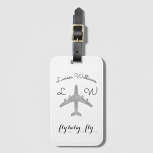 silver airplane with name & initials, travel luggage tag