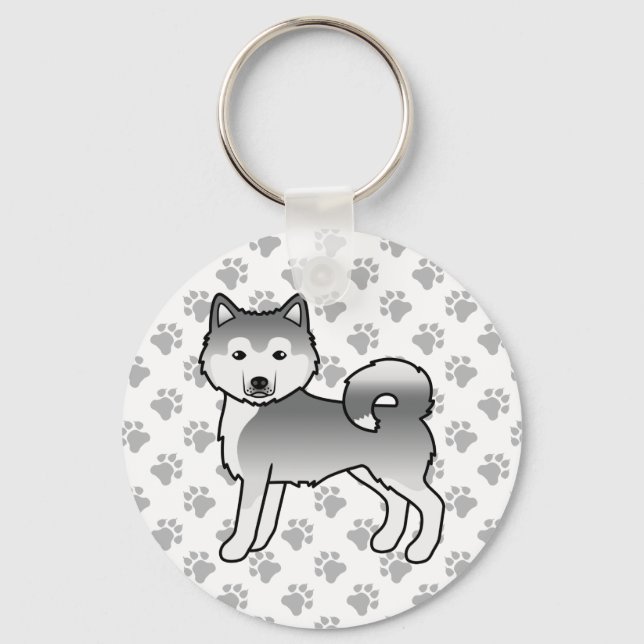 Silver Alaskan Malamute Cute Cartoon Dog & Paws Keychain (Front)