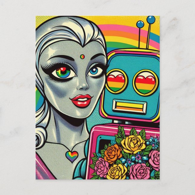 Silver Alien Woman and Rainbow Robot in Love Postcard (Front)