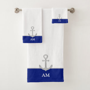 Silver Anchor & Monogram on Blue and White Bath Towel Set
