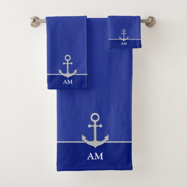 Silver Anchor & Monogram on Deep Blue Bath Towel Set (Insitu)