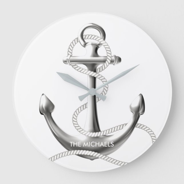 Silver anchor nautical wall clock Personalized (Front)