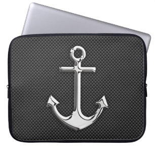Silver Anchor on Carbon Fibre Decor Laptop Sleeve