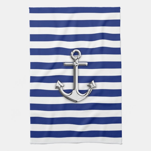 Silver Anchor on Navy Blue Stripes Kitchen Towel (Vertical)