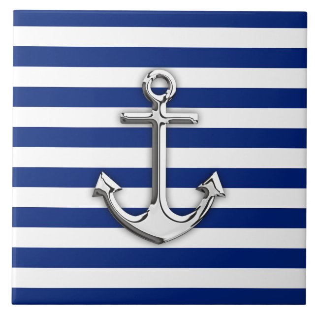 Silver Anchor on Navy Blue Stripes Tile (Front)