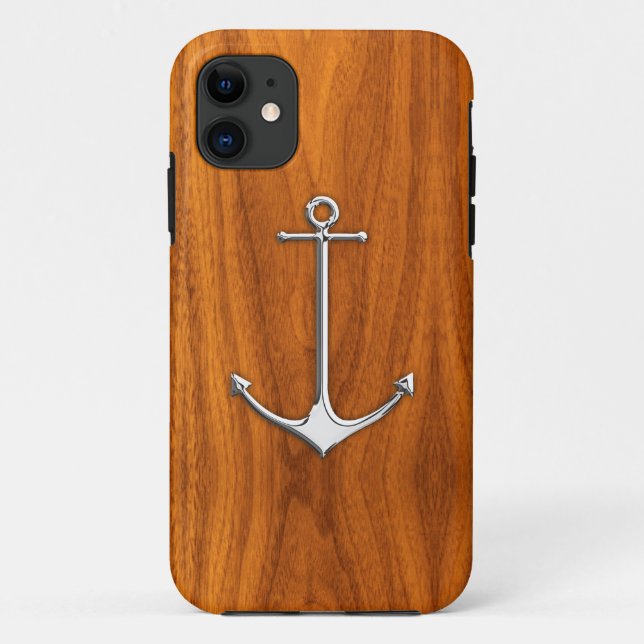 Silver Anchor on Teak Veneer Nautical Lifestyle Case-Mate iPhone Case (Back)