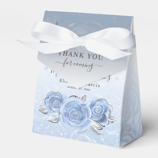 Silver and Baby Blue Rose Thank You Birthday Party Favor Box (Front Side)