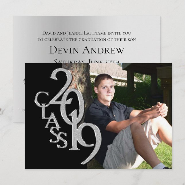 Silver and Black 2019 Photo Graduation Invitation (Front/Back)
