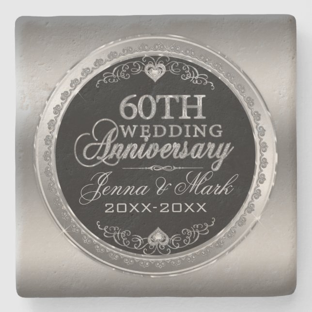 Silver And Black 60th Wedding Anniversary Stone Coaster (Front)