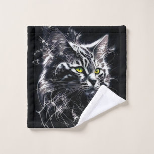 Silver and Black Abstract Cat Beauty Wash Cloth