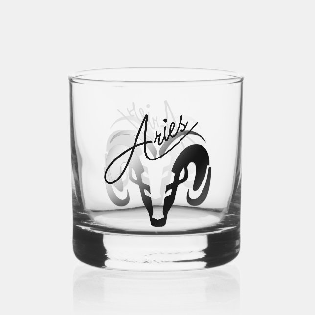 Silver and Black Aries the Ram Zodiac Whiskey Glass (Front)