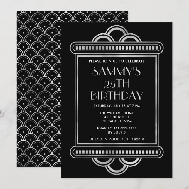 Silver and Black Art Deco Birthday Party Invitation (Front/Back)