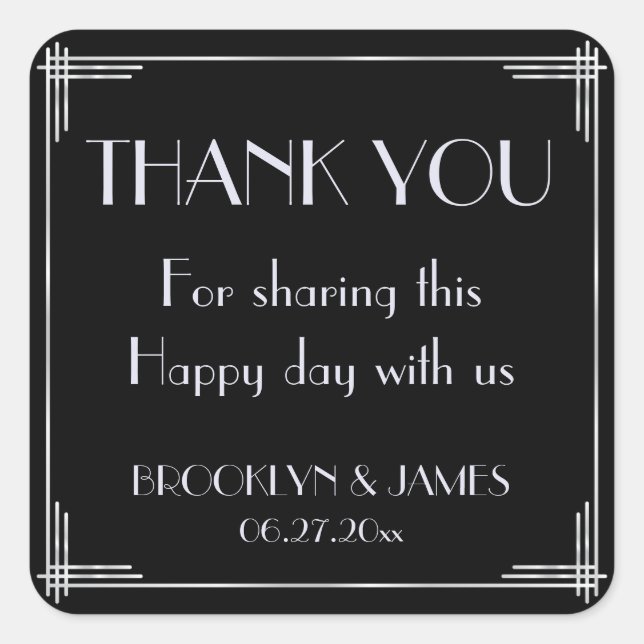 Silver And Black Art Deco Wedding Stickers (Front)