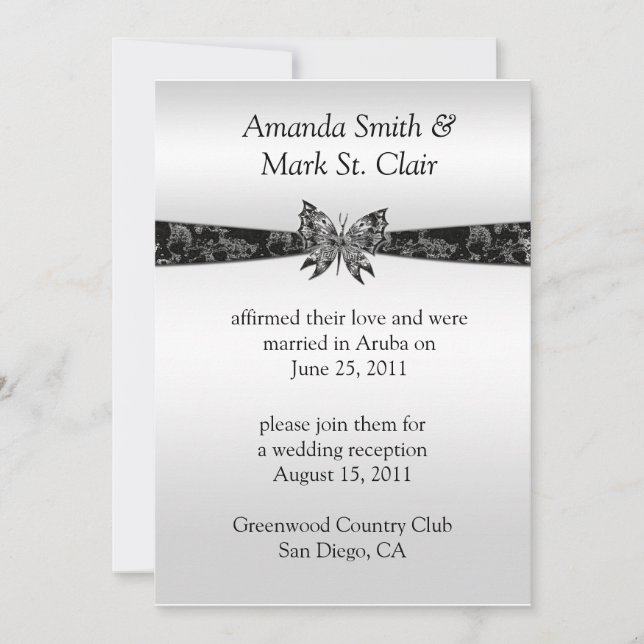 Silver and Black Butterfly Post Wedding Invitat Invitation (Front)